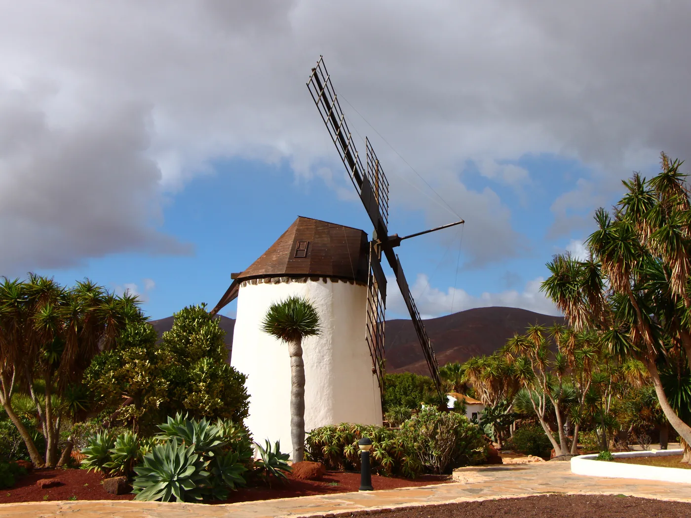 The white stone tower and wooden sails of the restored windmill at Molino de Antigua, with the cactus garden below