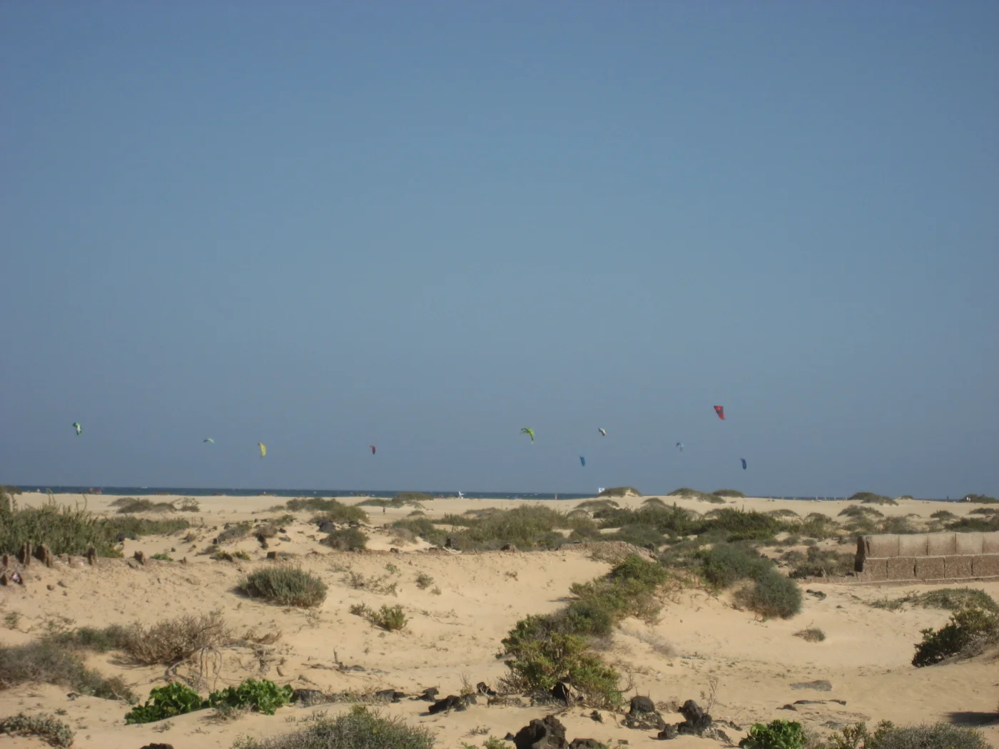 Multiple kitesurfers riding the trade winds at Flag Beach Fuerteventura with the dunes of Corralejo behind